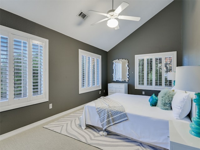 bedroom featuring high vaulted ceiling, a ceiling fan, baseboards, carpet flooring, and visible vents
