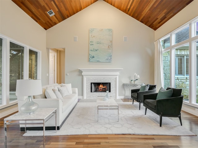 living area with wood ceiling, a lit fireplace, visible vents, and high vaulted ceiling