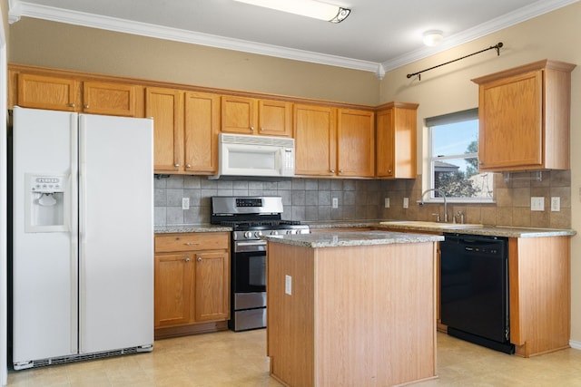 kitchen with white appliances, a kitchen island, a sink, decorative backsplash, and ornamental molding