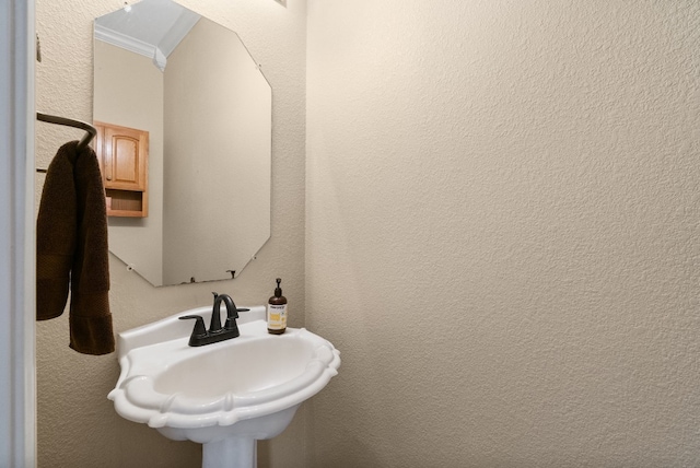 bathroom with a sink, ornamental molding, and a textured wall