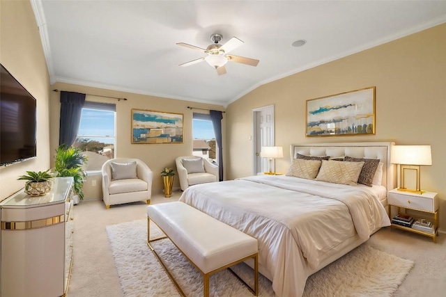 bedroom with multiple windows, lofted ceiling, light carpet, and crown molding