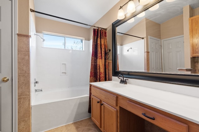 full bathroom with vanity, tile patterned floors, and shower / bath combo with shower curtain