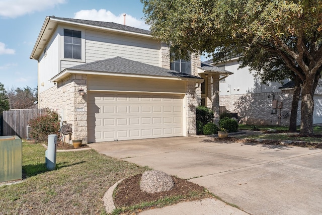 view of property exterior featuring fence, a shingled roof, concrete driveway, a garage, and stone siding