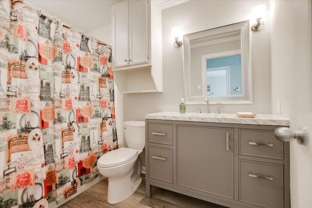 bathroom with hardwood / wood-style flooring, vanity, toilet, and a shower with curtain