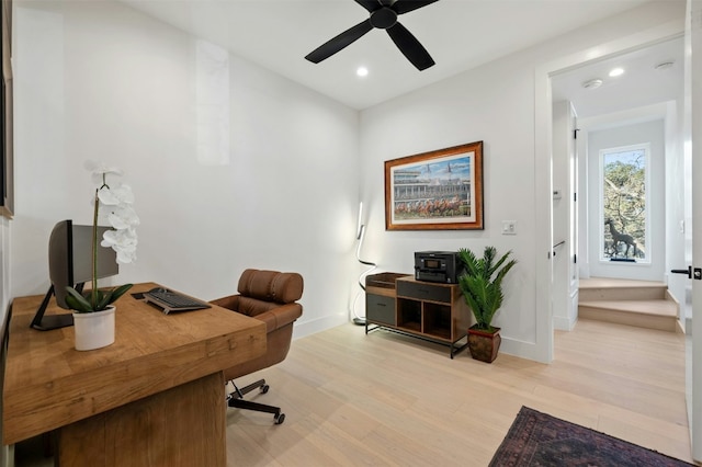 office featuring ceiling fan and light hardwood / wood-style flooring