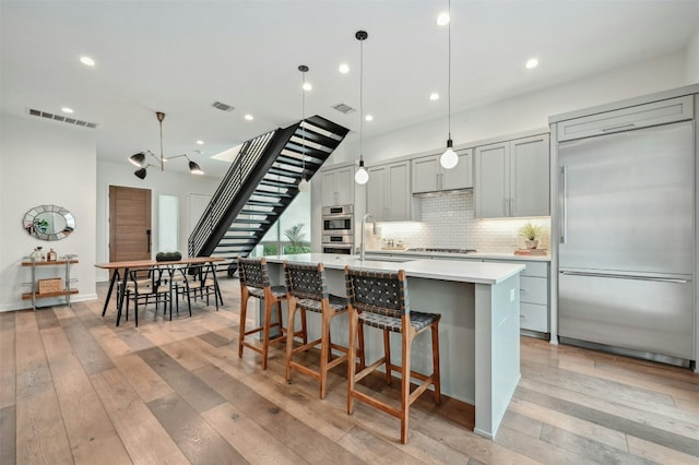 kitchen with stainless steel appliances, a kitchen island with sink, pendant lighting, and gray cabinetry