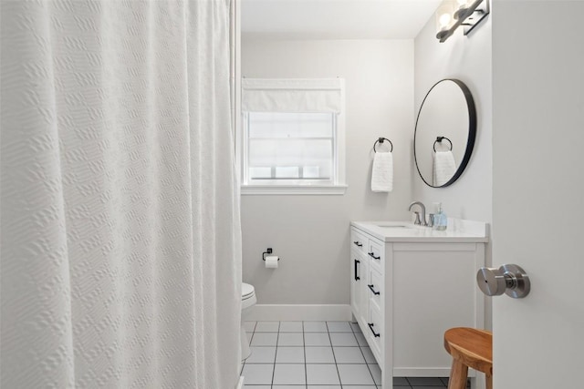 bathroom with vanity, tile patterned floors, and toilet