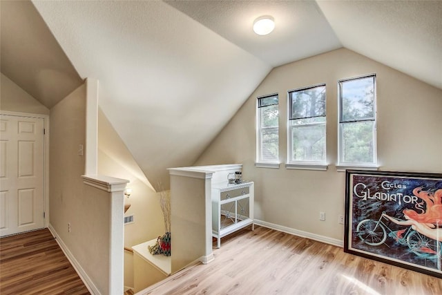 additional living space featuring lofted ceiling, a textured ceiling, and light hardwood / wood-style flooring