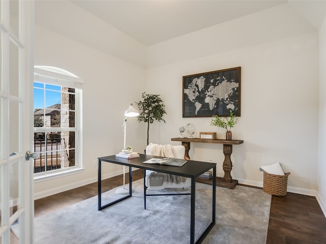 office space featuring hardwood / wood-style flooring and french doors