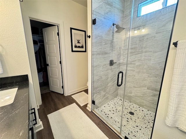 853 Cypress Ln, Cottonwood Shores, TX 78657 - bathroom with a stall shower, wood finished floors, vanity, and a spacious closet