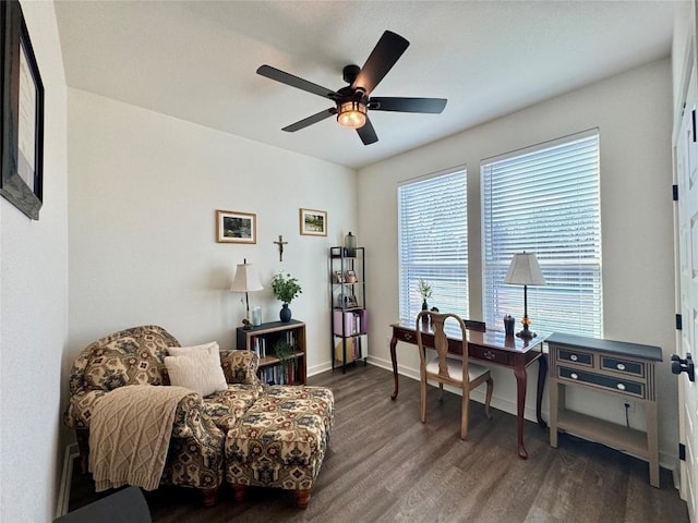 853 Cypress Ln, Cottonwood Shores, TX 78657 - office area featuring wood finished floors, ceiling fan, and baseboards