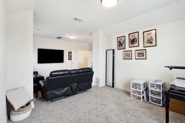 home theater room with light carpet