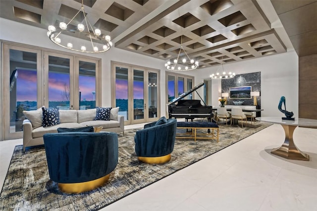 living room featuring french doors, beam ceiling, a notable chandelier, and coffered ceiling