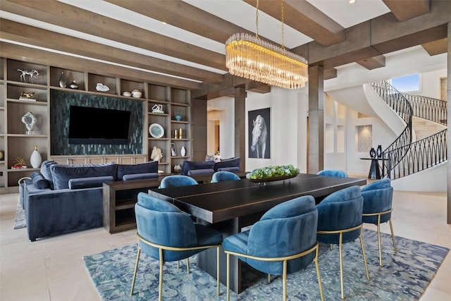 tiled dining space featuring beam ceiling, built in shelves, stairway, an inviting chandelier, and ornate columns