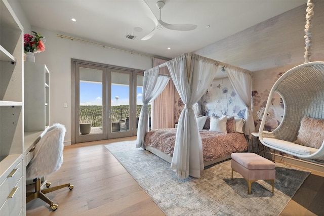 4901 Mirador Dr, Austin, TX 78735 - bedroom featuring access to exterior, wood finished floors, french doors, recessed lighting, and a ceiling fan