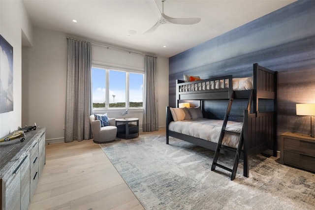 4901 Mirador Dr, Austin, TX 78735 - bedroom with light wood-type flooring, a ceiling fan, and recessed lighting
