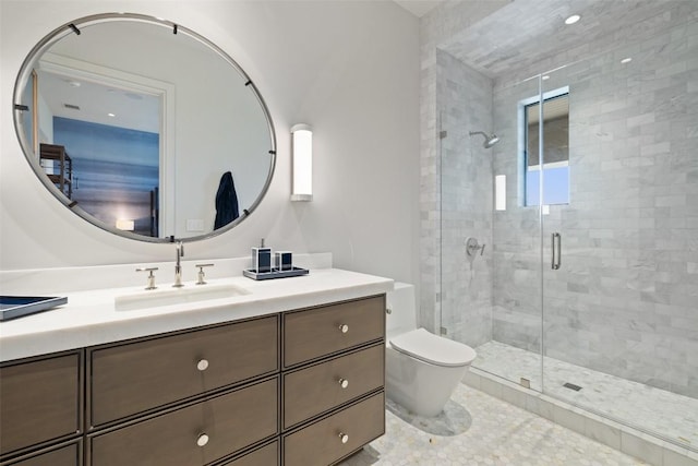 4901 Mirador Dr, Austin, TX 78735 - bathroom with vanity, a shower stall, and tile patterned flooring