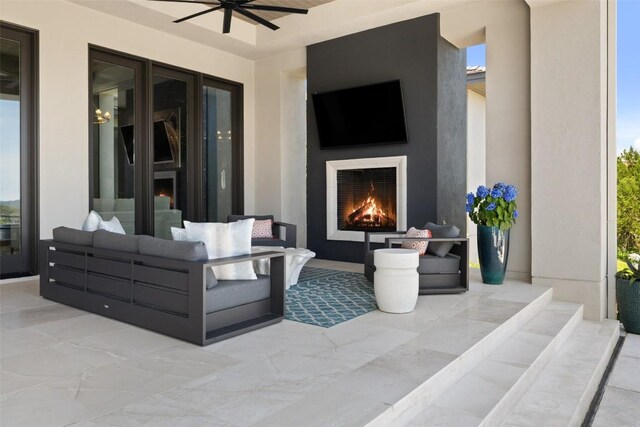 4901 Mirador Dr, Austin, TX 78735 - view of patio / terrace featuring an outdoor living space with a fireplace and ceiling fan