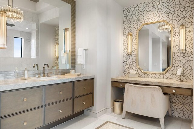 4901 Mirador Dr, Austin, TX 78735 - bathroom featuring a chandelier, vanity, and wallpapered walls