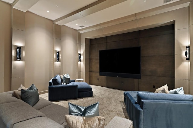 home theater room featuring recessed lighting and visible vents