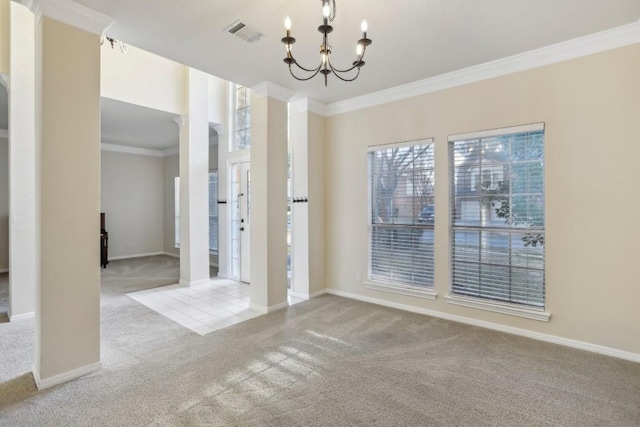 carpeted spare room featuring crown molding and a notable chandelier