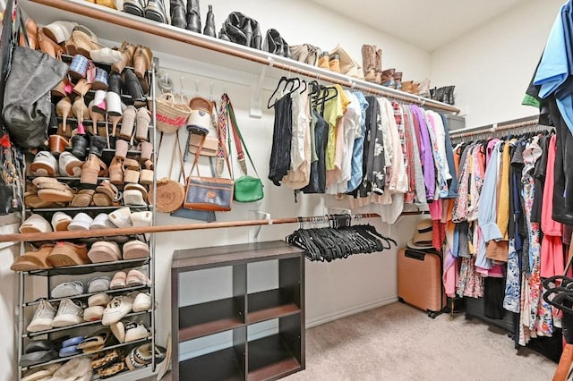 walk in closet with light colored carpet