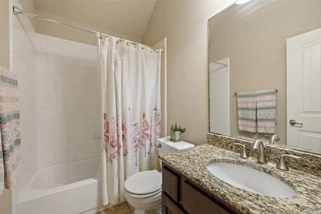 full bathroom with vanity, lofted ceiling, shower / tub combo, and toilet