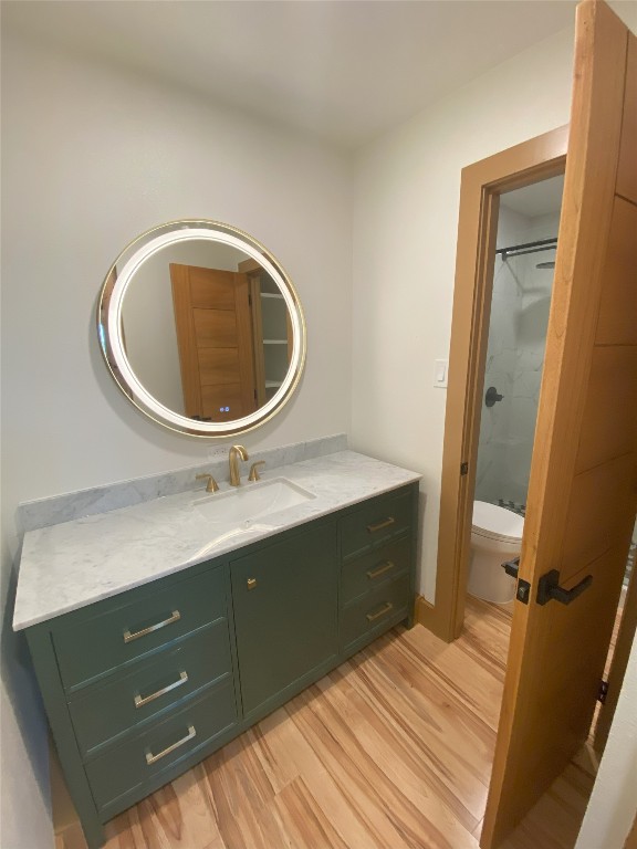 bathroom with vanity, wood-type flooring, and toilet