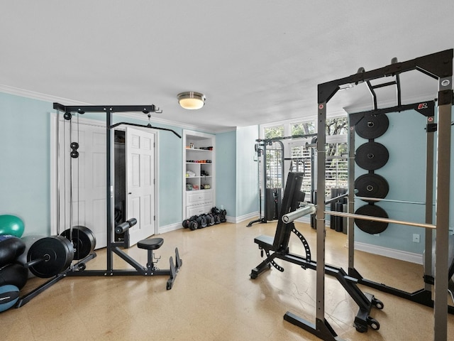 workout area with expansive windows and ornamental molding