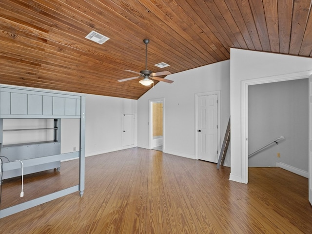 unfurnished living room with hardwood / wood-style flooring, vaulted ceiling, wooden ceiling, and ceiling fan