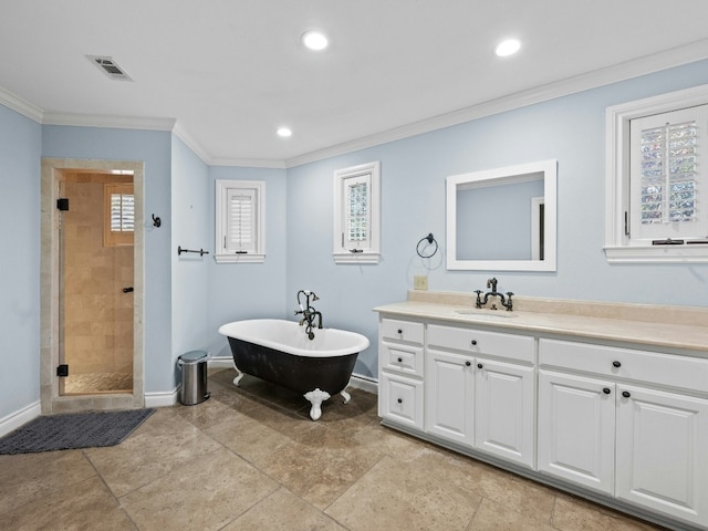 bathroom with ornamental molding, plus walk in shower, vanity, and plenty of natural light