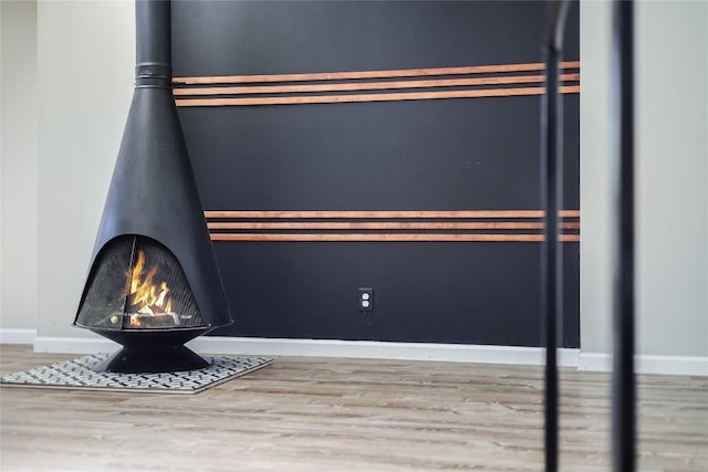 details with hardwood / wood-style floors and a wood stove