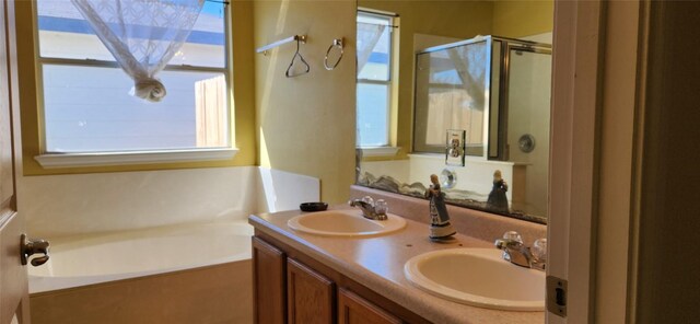 bathroom featuring vanity and separate shower and tub