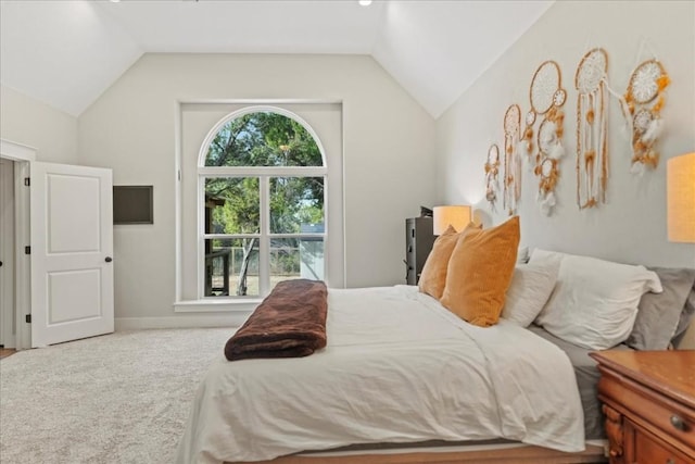 bedroom featuring lofted ceiling and carpet