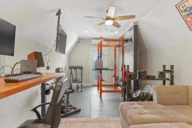 exercise area with ceiling fan, lofted ceiling, and a wall unit AC