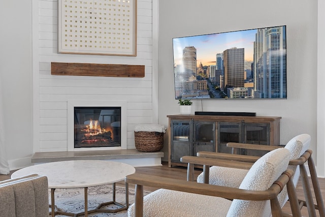 living room with wood-type flooring and a large fireplace