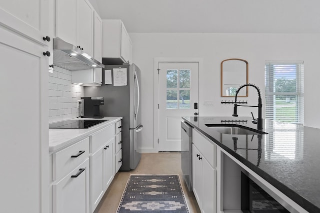 kitchen featuring sink, dishwasher, dark stone countertops, black electric stovetop, and white cabinets