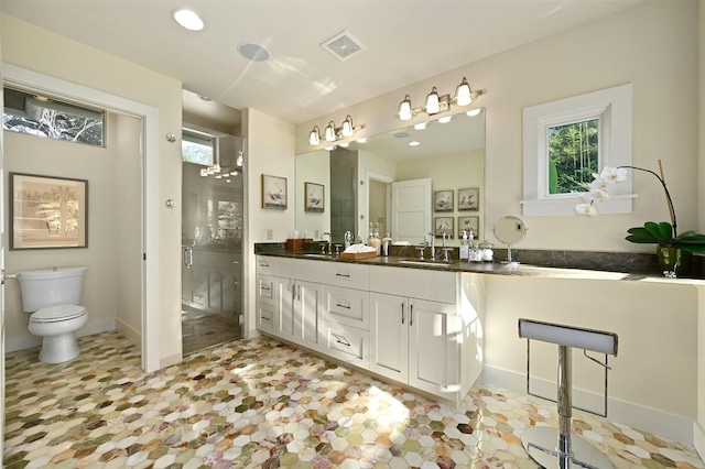 bathroom featuring vanity, a wealth of natural light, toilet, and walk in shower