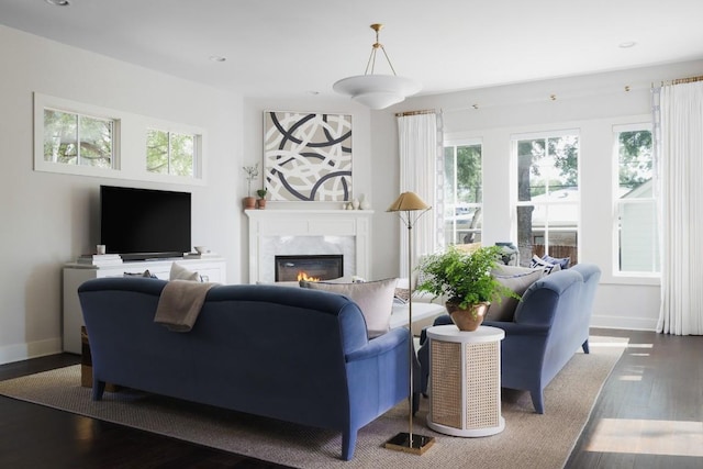 living area featuring a glass covered fireplace, wood finished floors, and baseboards