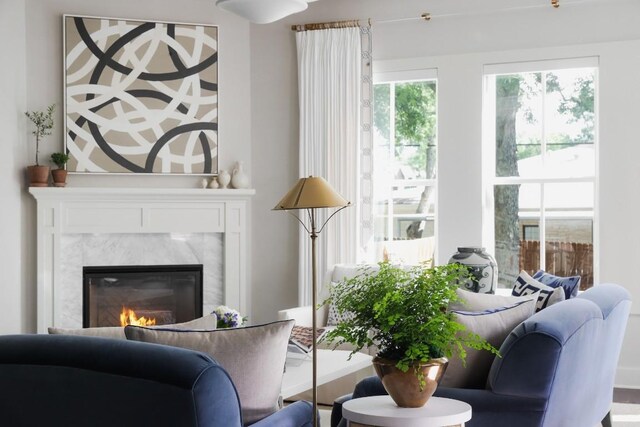 living room with a fireplace