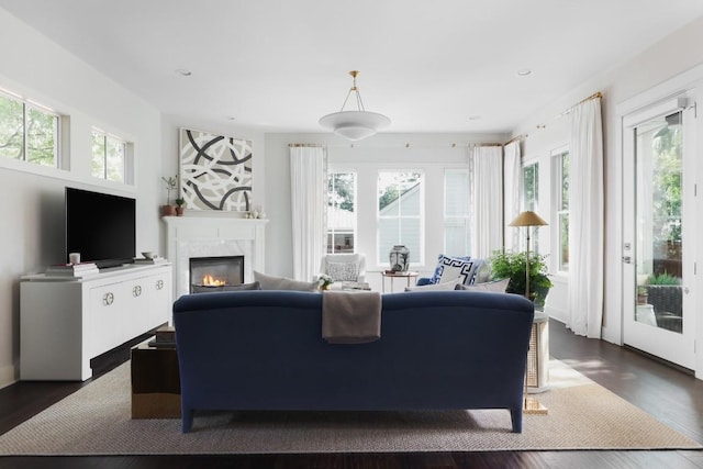 living area featuring a glass covered fireplace, dark wood finished floors, and plenty of natural light