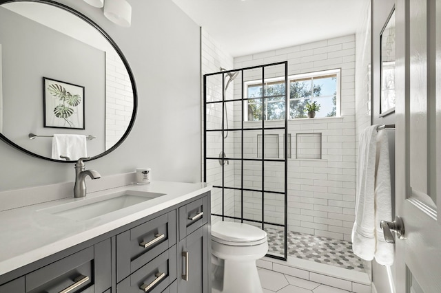 bathroom featuring vanity, an enclosed shower, and toilet