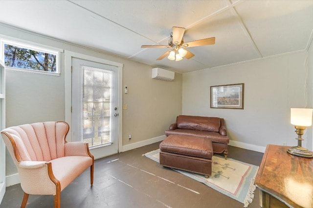 living area with ceiling fan and a wall mounted AC