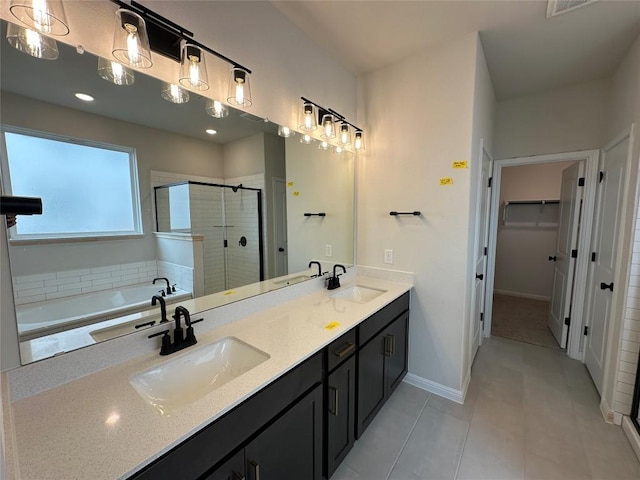 full bath featuring a walk in closet, a shower stall, double vanity, and a sink