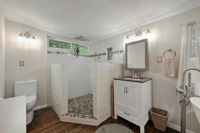 bathroom with vanity, a tile shower, and toilet