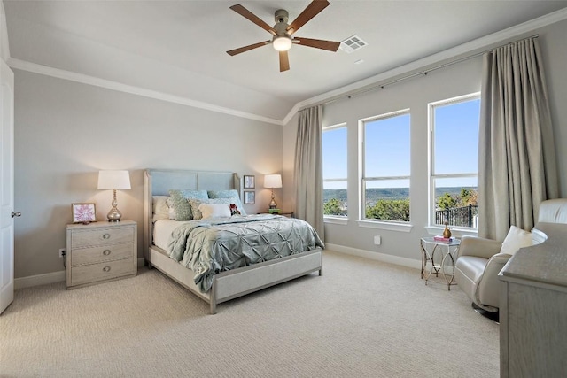 1745 Liguria Ct, Leander, TX 78641 - bedroom featuring crown molding, baseboards, light carpet, vaulted ceiling, and ceiling fan