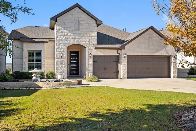 french country inspired facade with a garage, stone siding, driveway, and roof with shingles