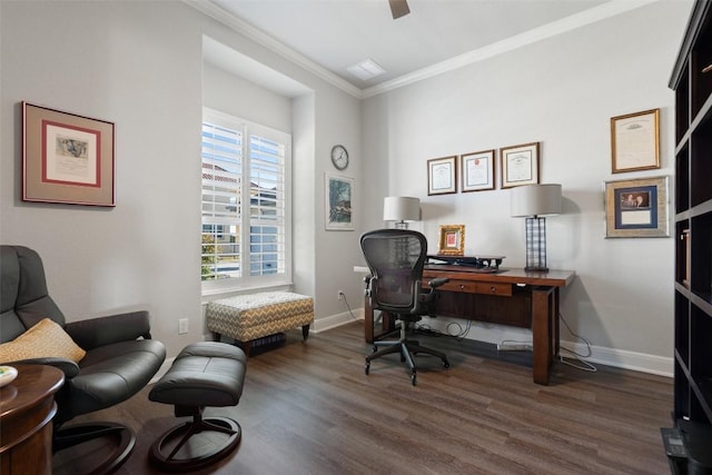 office area featuring crown molding and dark wood-type flooring