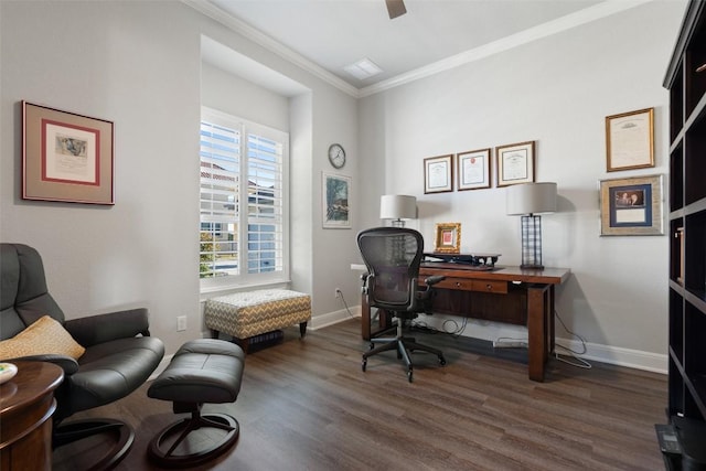 1745 Liguria Ct, Leander, TX 78641 - office with dark wood-type flooring, crown molding, and ceiling fan