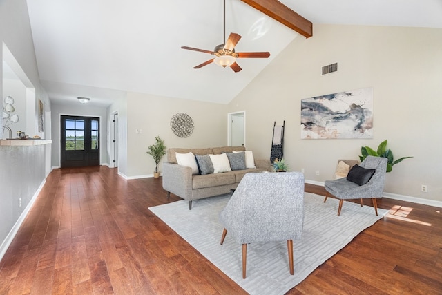 living room with dark hardwood / wood-style flooring, beam ceiling, high vaulted ceiling, and ceiling fan